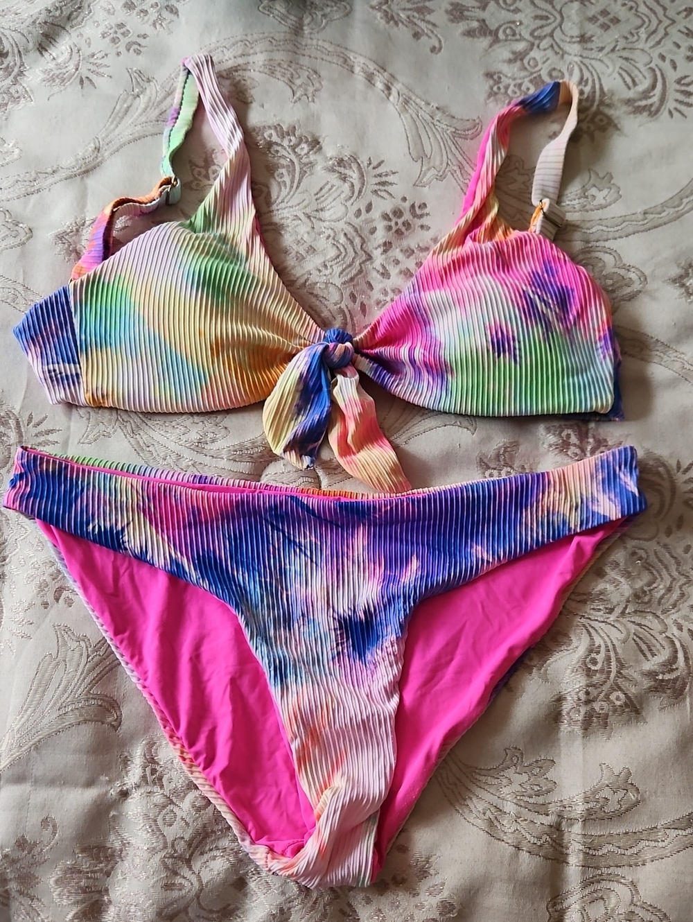Tie-Dye Ribbed Bikini Set - Multicolor Pink Accents